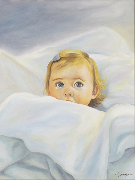 portrait d'enfant dans la litière, pastel gras par Lydia Savignies