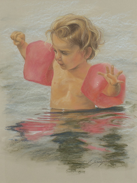 portrait d'une jeune fille jouant dans la mer, pastels gras par Lydia Savignies